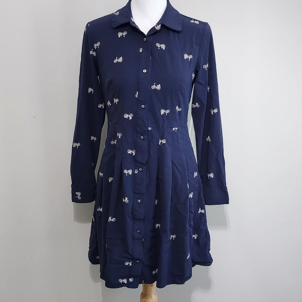 Bicycle Print Shirt Dress Womens XS Navy Blue Long Sleeve Cycling Bike Whimsical
